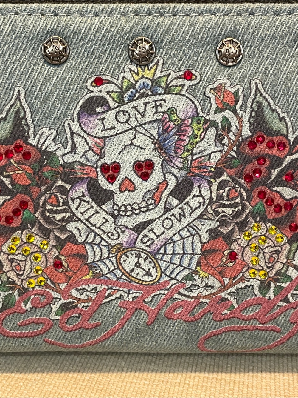 Ed Hardy Love Kills Light Blue Denim Skull Floral Stud Zip Wristlet Wallet - Picture 2 of 7